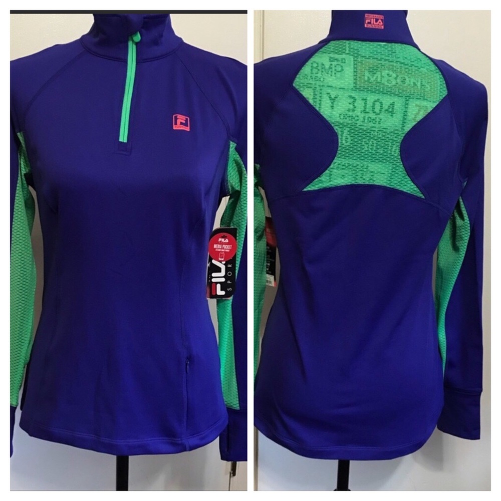 NWT Fila Sport Running 1/4 Zip Performance Track Sweatshirt Purple Lime Green